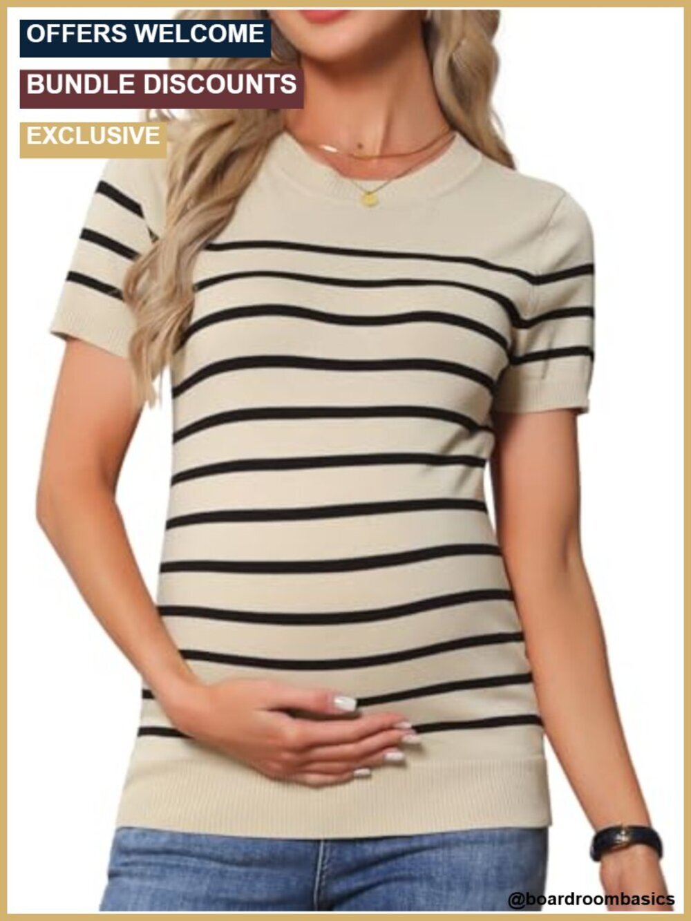 Maternity Work Top Stretchy Knit Pullover Crew Neck Short Sleeve Casual